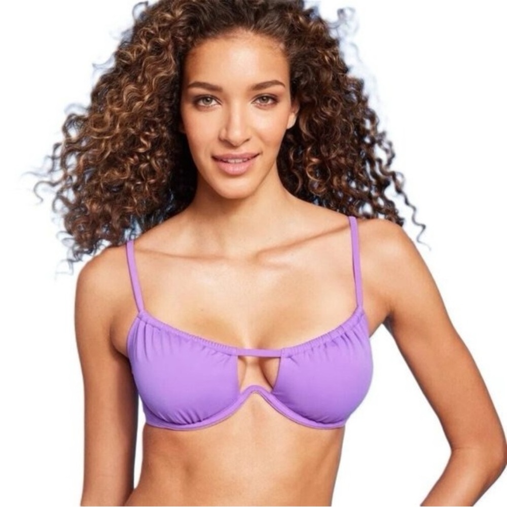 Shade &‎ Shore Bikini Top 36DD Tunneled Neckline Underwire Purple Strappy Swim